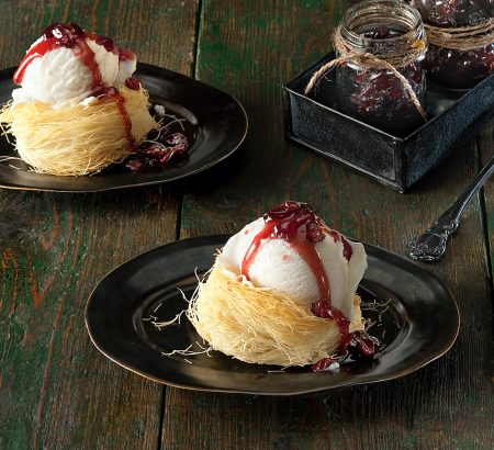 Kantaifi with ice cream and sweet & sour cherries