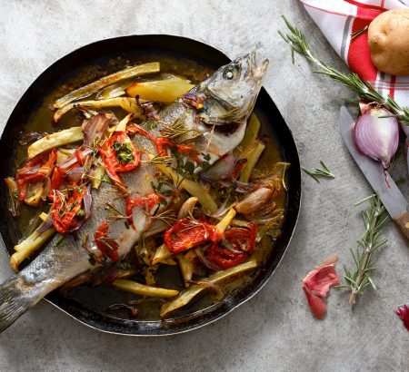 Juicy sea bass with vegetables