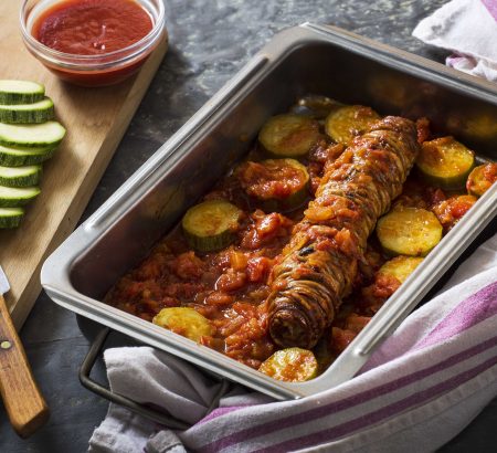 Gardoumpes (Intestines) with tomatoes and zucchini