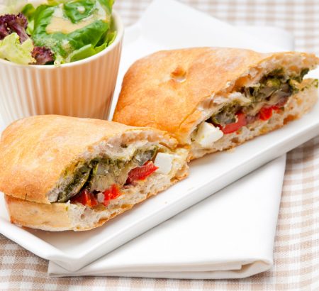 Vegetable sandwich with feta and basil sauce